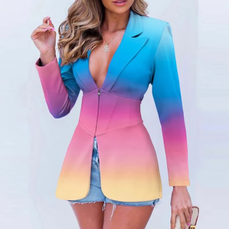 

Женский приталенный Блейзер на молнии, офисный Кардиган с длинным рукавом и отложным воротником, элегантная праздвечерние куртка с градиен...