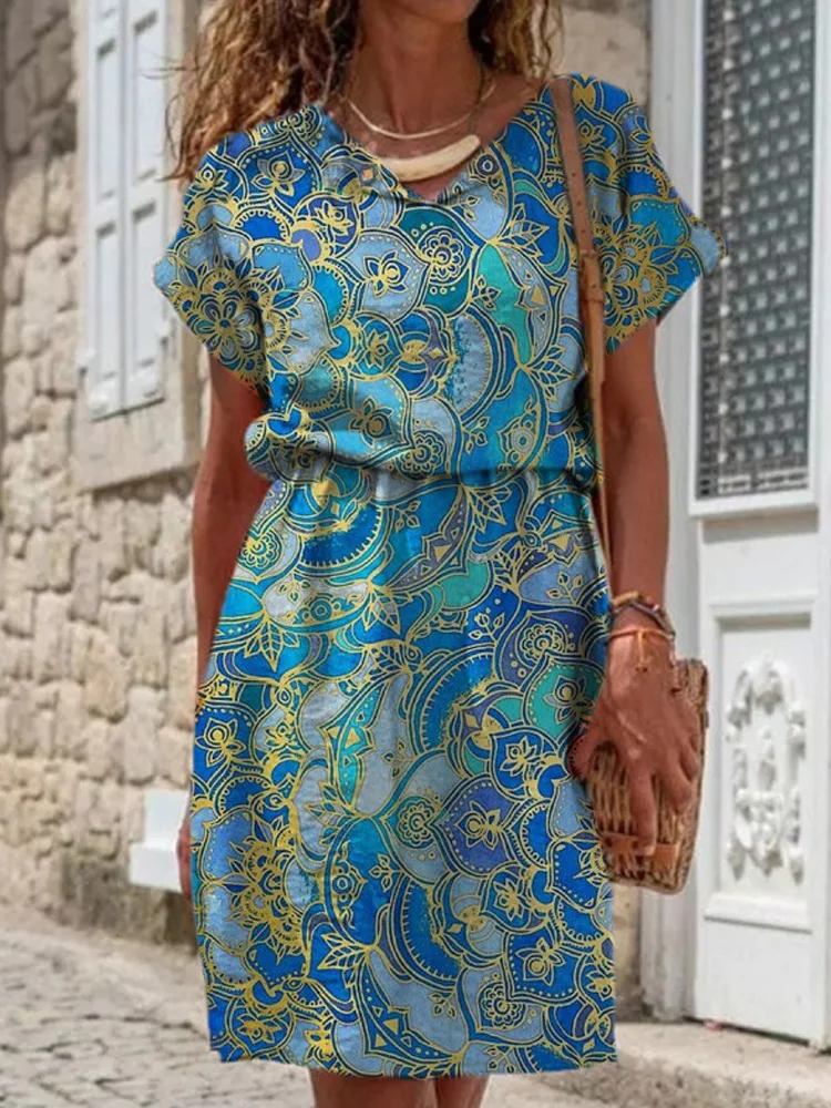 

Elegant Floral Pattern Print Holiday Beach Dress Casual O-neck Short Sleeve Elastic Waist Mid Dress Summer Women Fashion Dresses