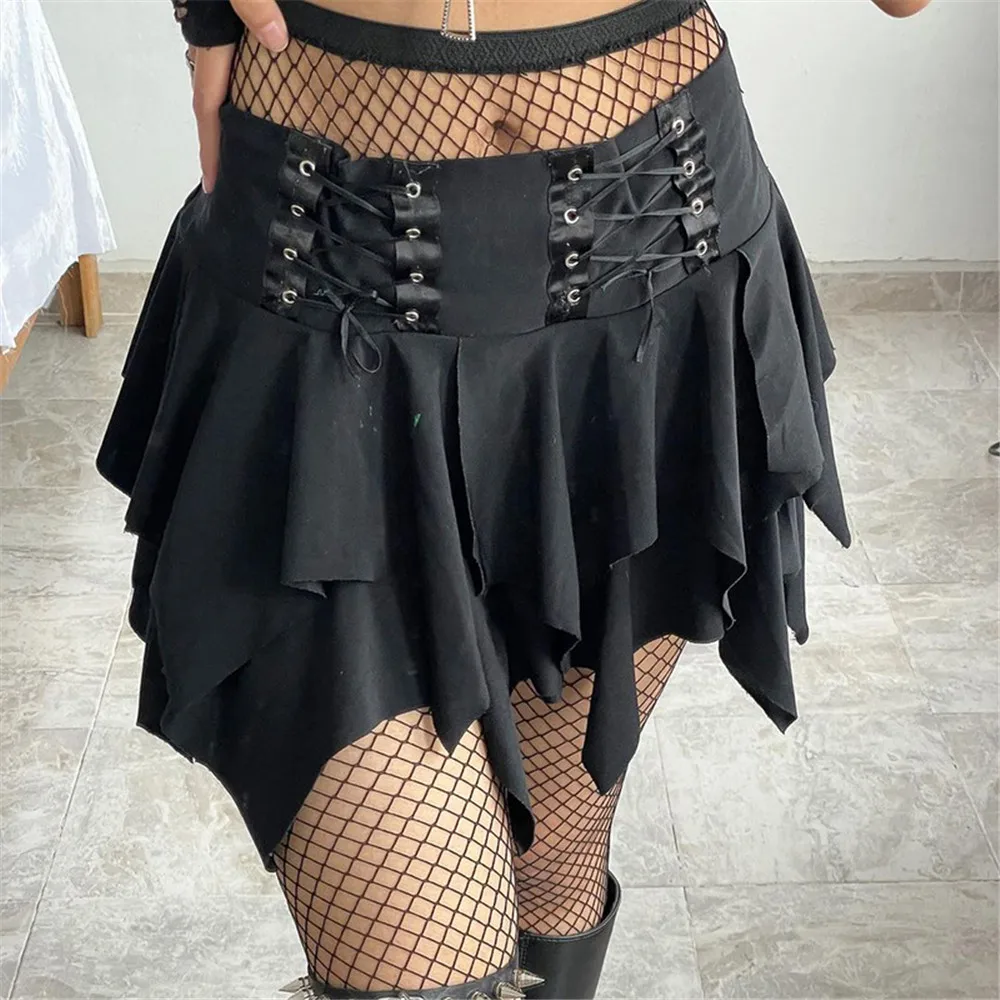 Women Fashion Black Skirt Pleated Patchwork Solid Color Slim High Waist Ruffle Gothic Style Summer Ladies Irregular A-line Skirt  - buy with discount