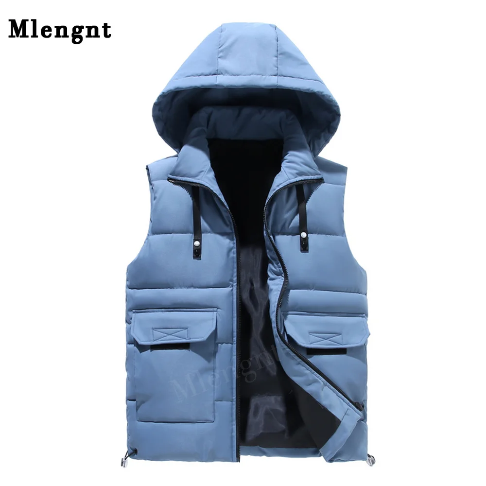 

Men Winter Vests Simple Solid Thermal Sleeveless Jackets Hat Detachable Casual Warm Coats Windproof Thicken Unloading Waistcoats