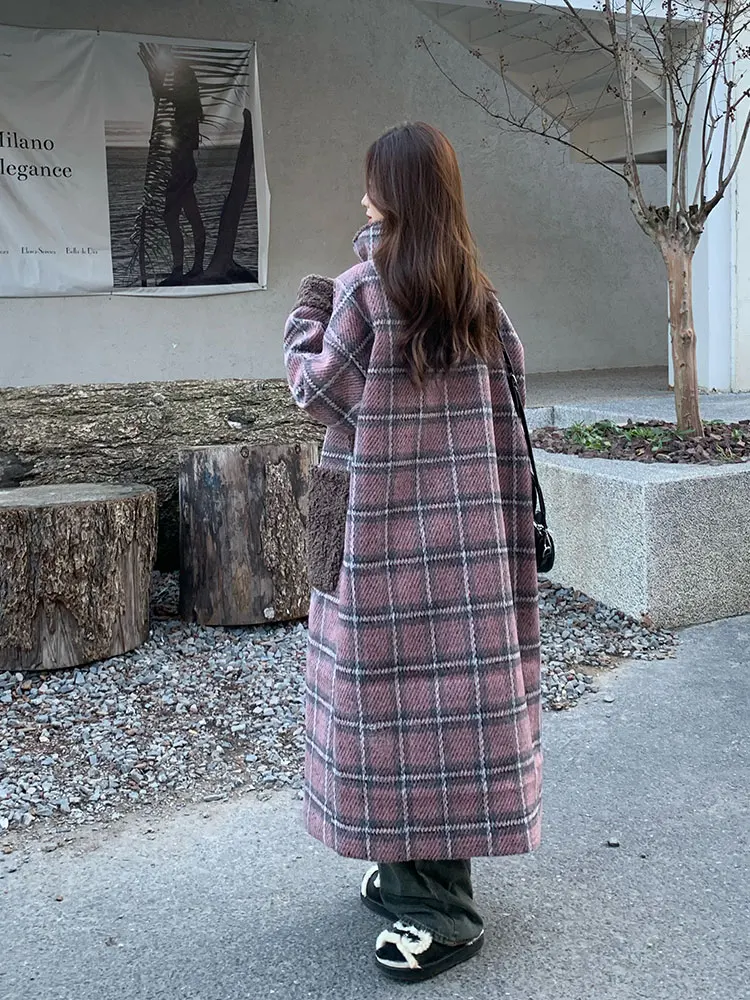 Корейская серия клетчатое шерстяное пальто женское 2024 зимнее новое длинное