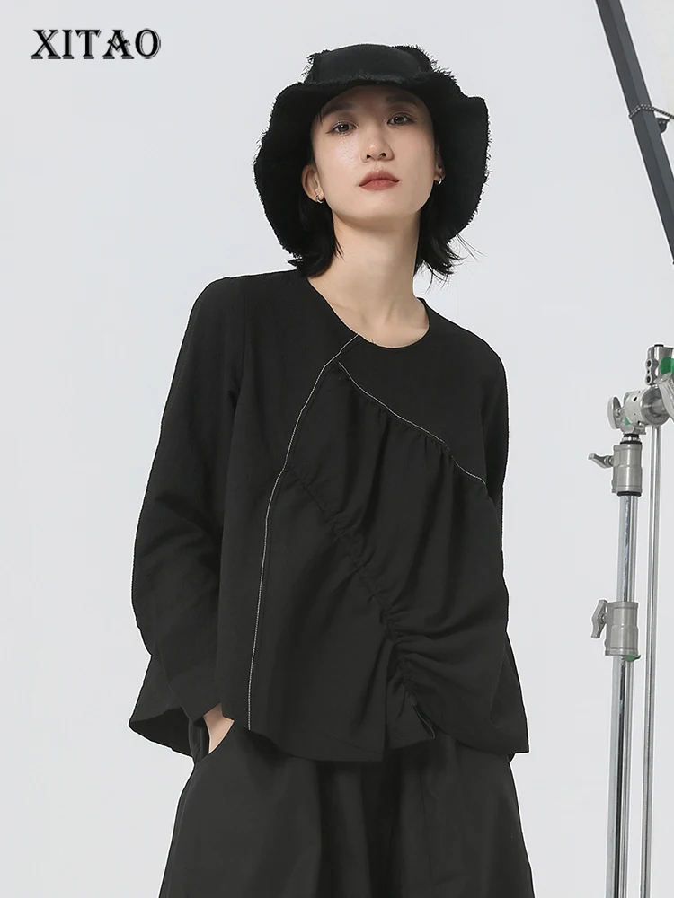 

XITAO Solid Color Folds Women Blouse Loose Fashion Simplicity Temperament Irregular Pullover Top 2023 Initial Autumn New ZZ0143