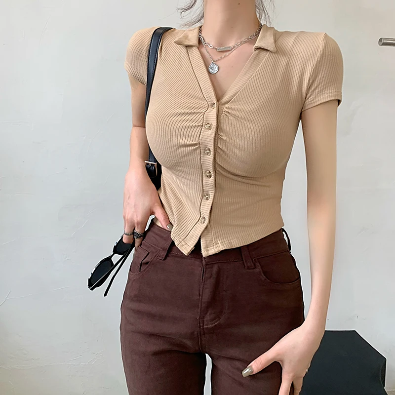 

Cotton Slim Fit Women's T-shirt Summer Sexy Top Folds Elasticity Short Sleeve 2022 New Tees Fashion Female O-Neck Casual Clothes