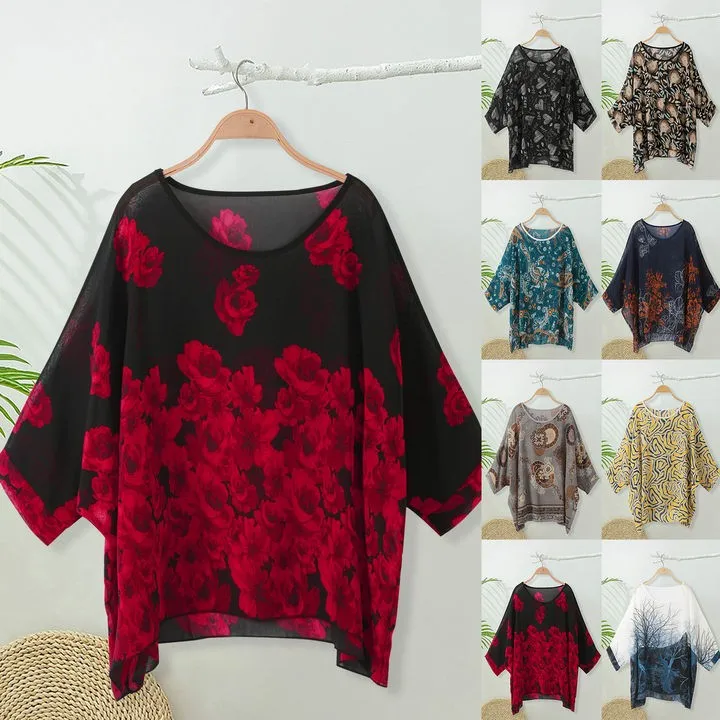 Модная шифоновая блузка с рукавами летучая мышь и круглым вырезом женская