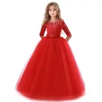 2022 New Teenage Girl Princess Lace Solid Dress Kids Flower Embroidery Dresses For Girls Children Prom Party Wear Red Ball Gown