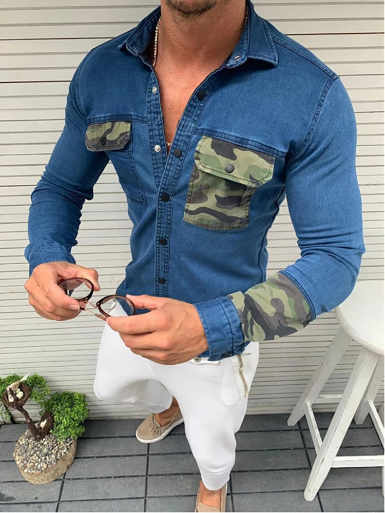 

New Fashion Patchwork Camouflage Print Pockets Design Top Men 2022 Spring Long Sleeve Buttoned Shirt Mens Turndown Collar Shirts