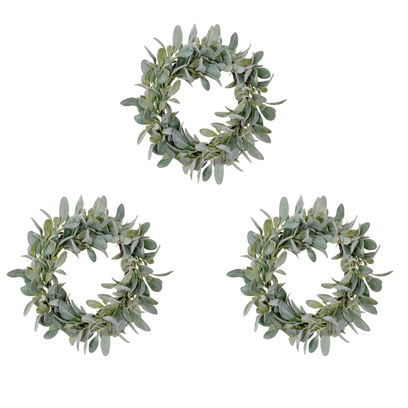 HOT SALE 3X Spring Flocked Lambs Ear Wreath,Year Round Everyday Foliage Wreath On Grapevine Base With Greenery Leaves