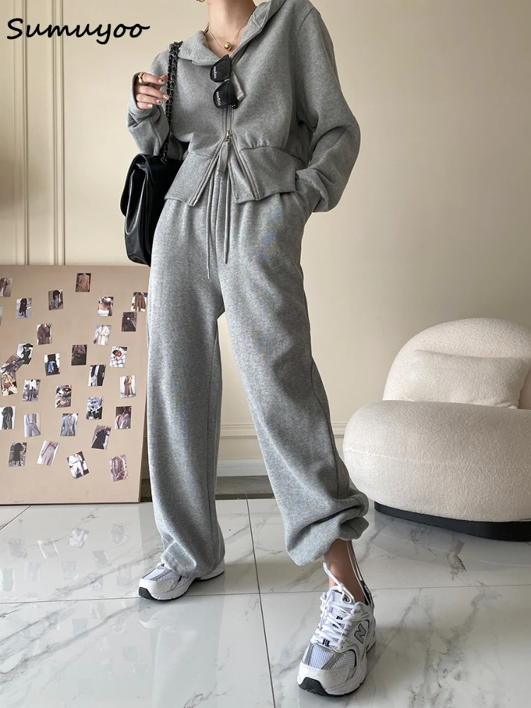 

Sumuyoo 2022 Spring Autumn Women Cotton Sweatshirt 2 Sets Hooded Collar Zipper Loose Sweatshirt + Straight Long Pants Suits