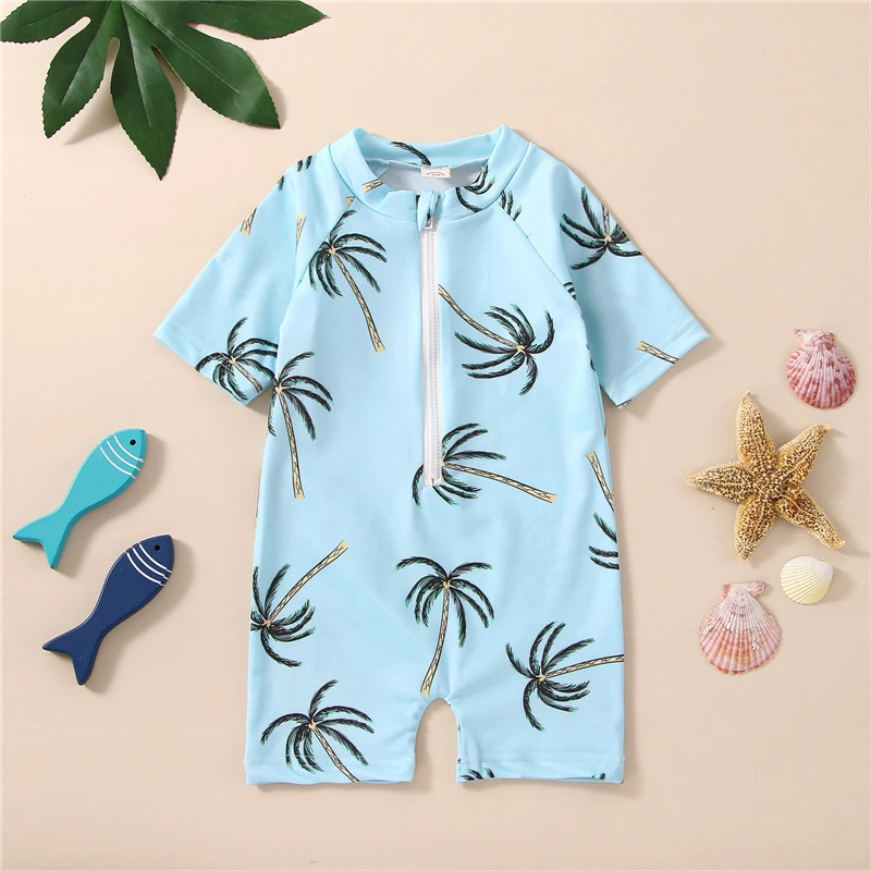 

Toddler Girls Boys Swimwear Blue Short Sleeve Tropical Tree Print Zipper Bathing Suit Swimsuit Baby Swimming Clothing 1-5Y