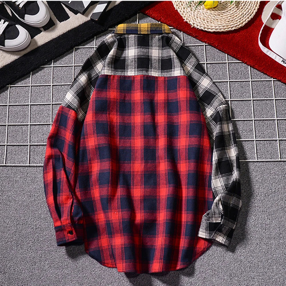 Long Sleeve Comfort Japanese Harajuku Vintage Plaid Patchwork Shirts Flannel Plaid Shirt Spring Autumn Casual Shirt Men MCL249