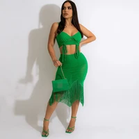 znaiml 2022 green drawstring ruched camisole and tassel midi skirts two piece sets womens autumn sexy birthday party outfits