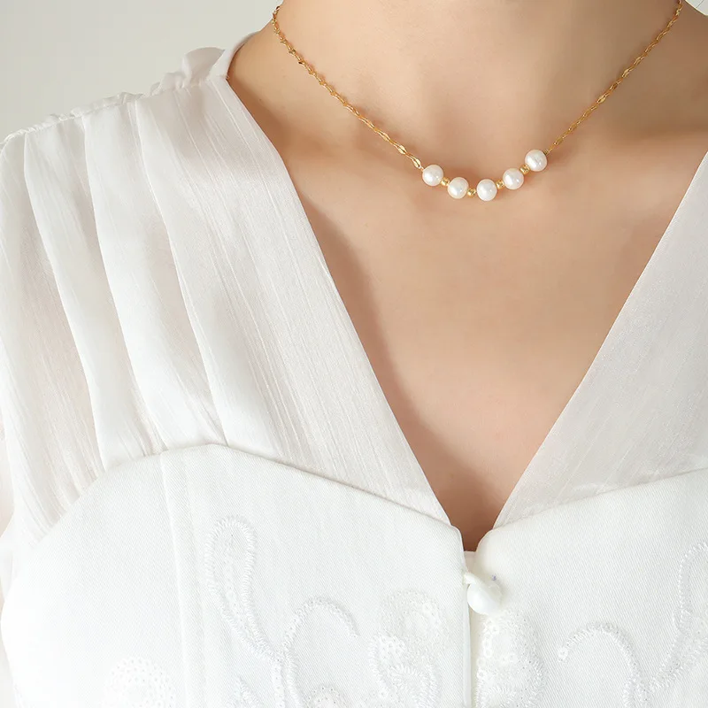 

Korea Pearl Bead Pendant Necklace Elegant Women Wedding Party Clavicle Chain Fashion Jewelry 316L Stainless Steel Gold Plated