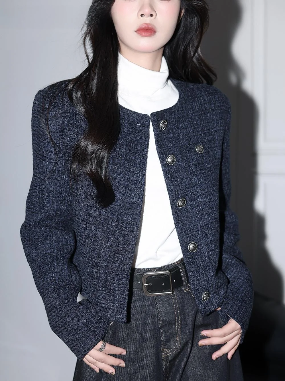 La Chabell French sle Purplish Blue Temperament Graceful Short Outerwear Women Winter New Chic Cardigan Top