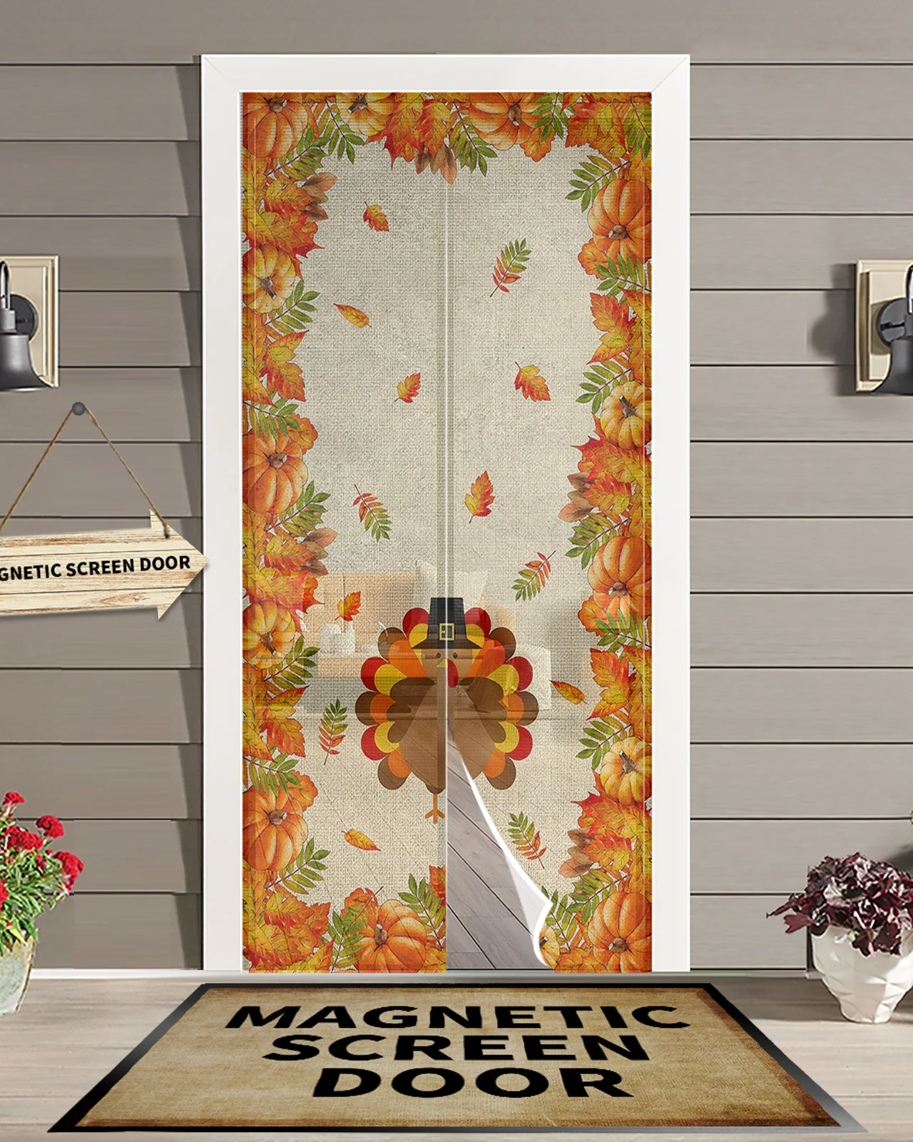 

Thanksgiving Turkey Pumpkin Retro Farm Anti Mosquito Gauze Door Curtain Magnetic Door Screen for Bedroom Summer Door Screens