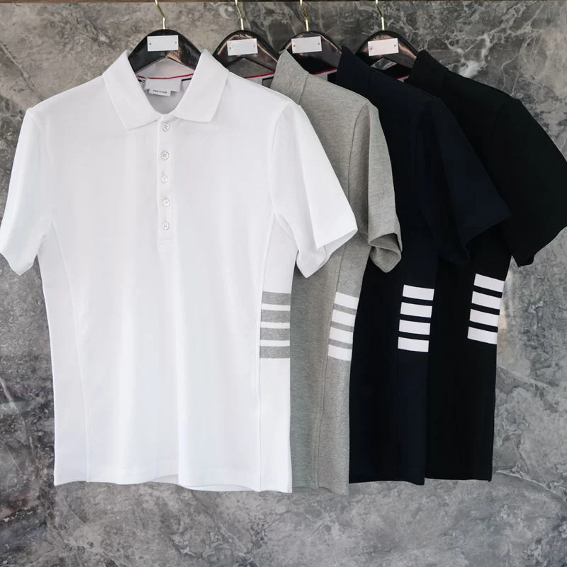 

THOM 2023 Fashion TB Brand Polo Shirts Men Casual Striped Solid Polos Slim Summer Short Sleeve Turn Down Collar Polo Clothing