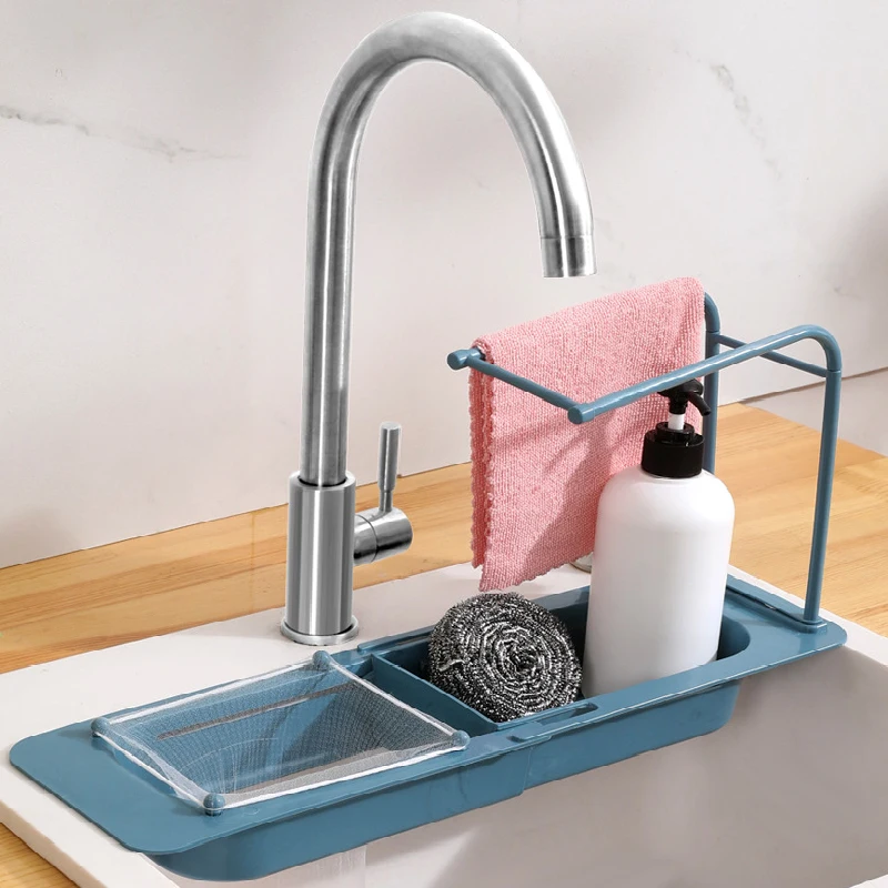 

Adjustable Sink Drain Rack Soap Sponge Holder Towel Basket Telescopic Sink Shelf Kitchen Sink Storage Organizer Kitchen Gadgets
