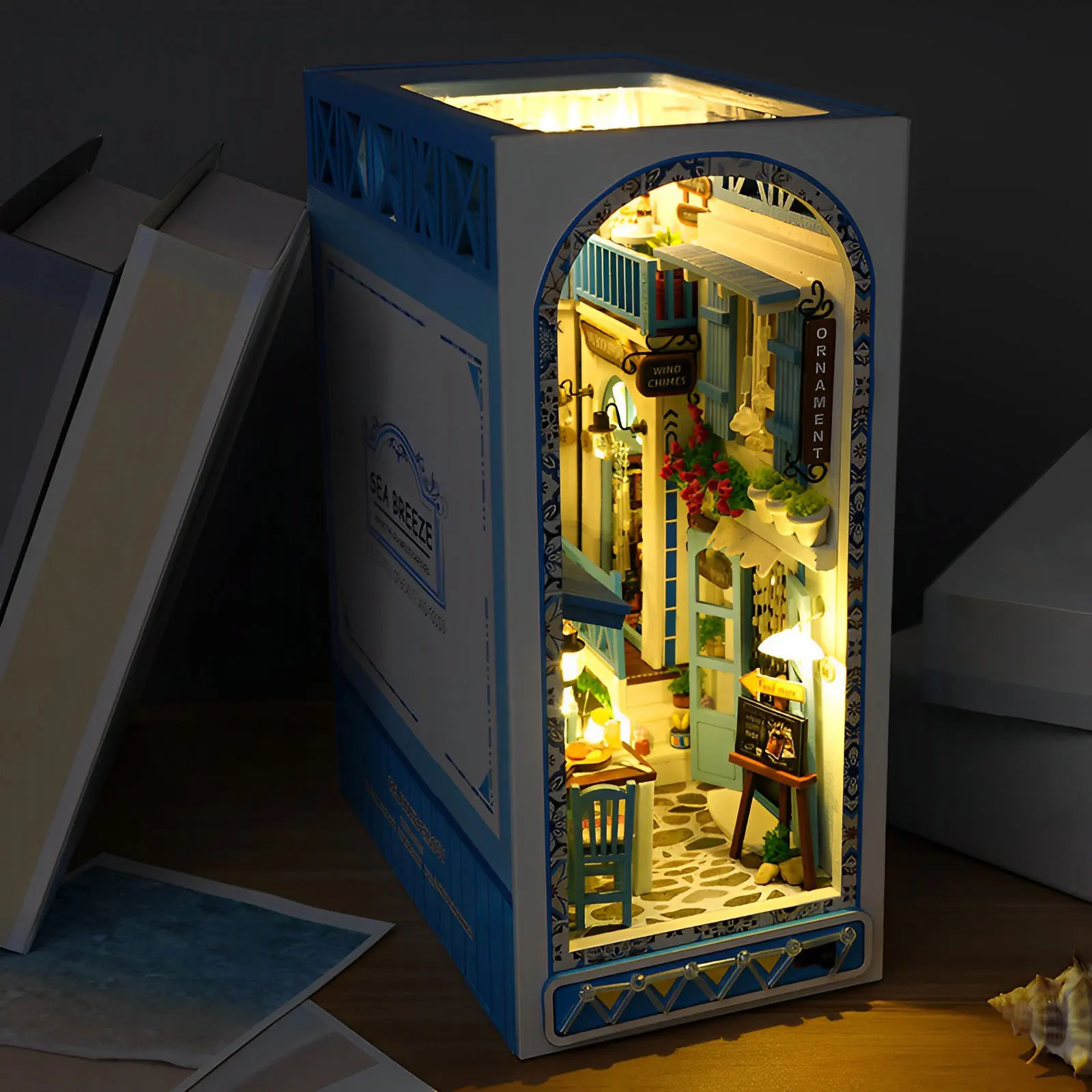 

DIY Book Nook Kit 3D Wooden Puzzle Bookshelf Insert Decor with Warm Light DIY Miniature Dollhouse Model Kit Creative Educational