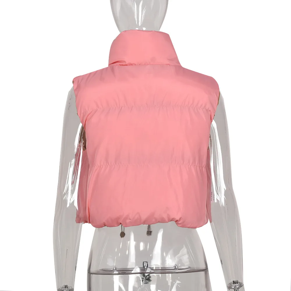 Fashion Winter Pink Vest Jackets Solid Color Warm Cotton Coat Stand Collar Zipper Double-sided Jacket Women Parkas Streetwear