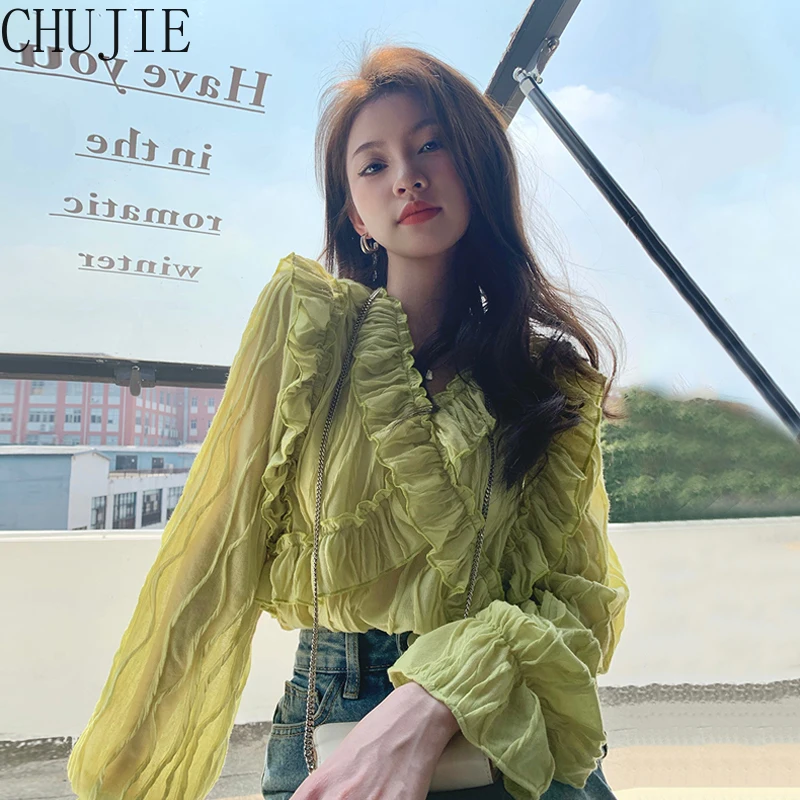 

2022 Sweet Fresh Patchwork Ruffles Blouse Long Sleeve V-neck Elegant Shirts Femme All Match Blusas Mujer Age-reducing Tops