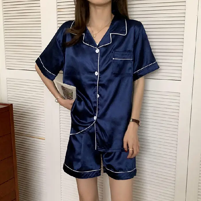 

2Pieces PJS Set Button-down Nightwear Lapel Sleepwear Women Satin Pajamas Summer Lingerie Casual Shirt&Shorts Suit Lounge Wear