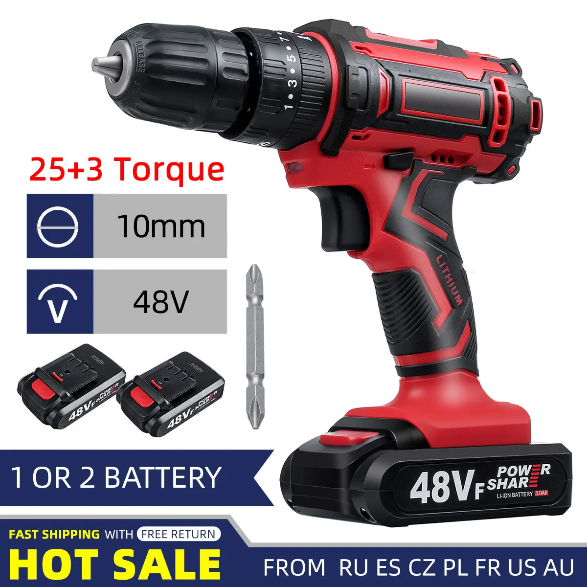 

48V 10mm 25+3 Torque Electric Impact Drill Cordless Screwdriver Electric Hammer Impact Drilling Power Tool with 2 Batteries