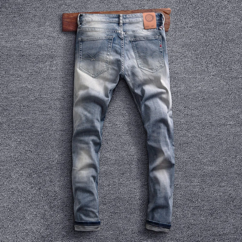 Italian Style Fashion Men Jeans Retro Light Blue Stretch Slim Fit Ripped Jeans Men Trousers Vintage Designer Casual Pants Hombre