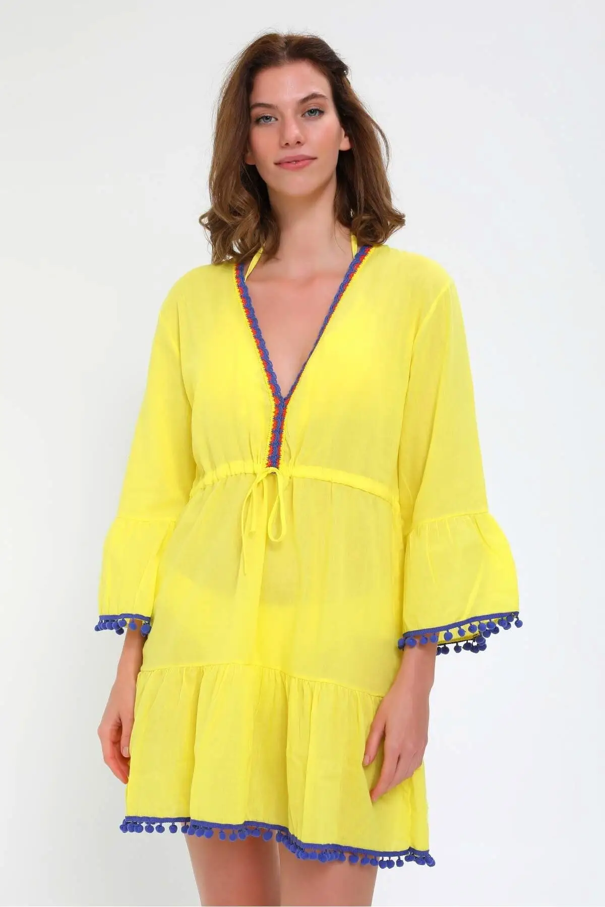 

Женское парео с помпоном, детализированное желтое пляжное платье, накидка на купальник, сексуальный костюм-туника, пляжная одежда, женский ...