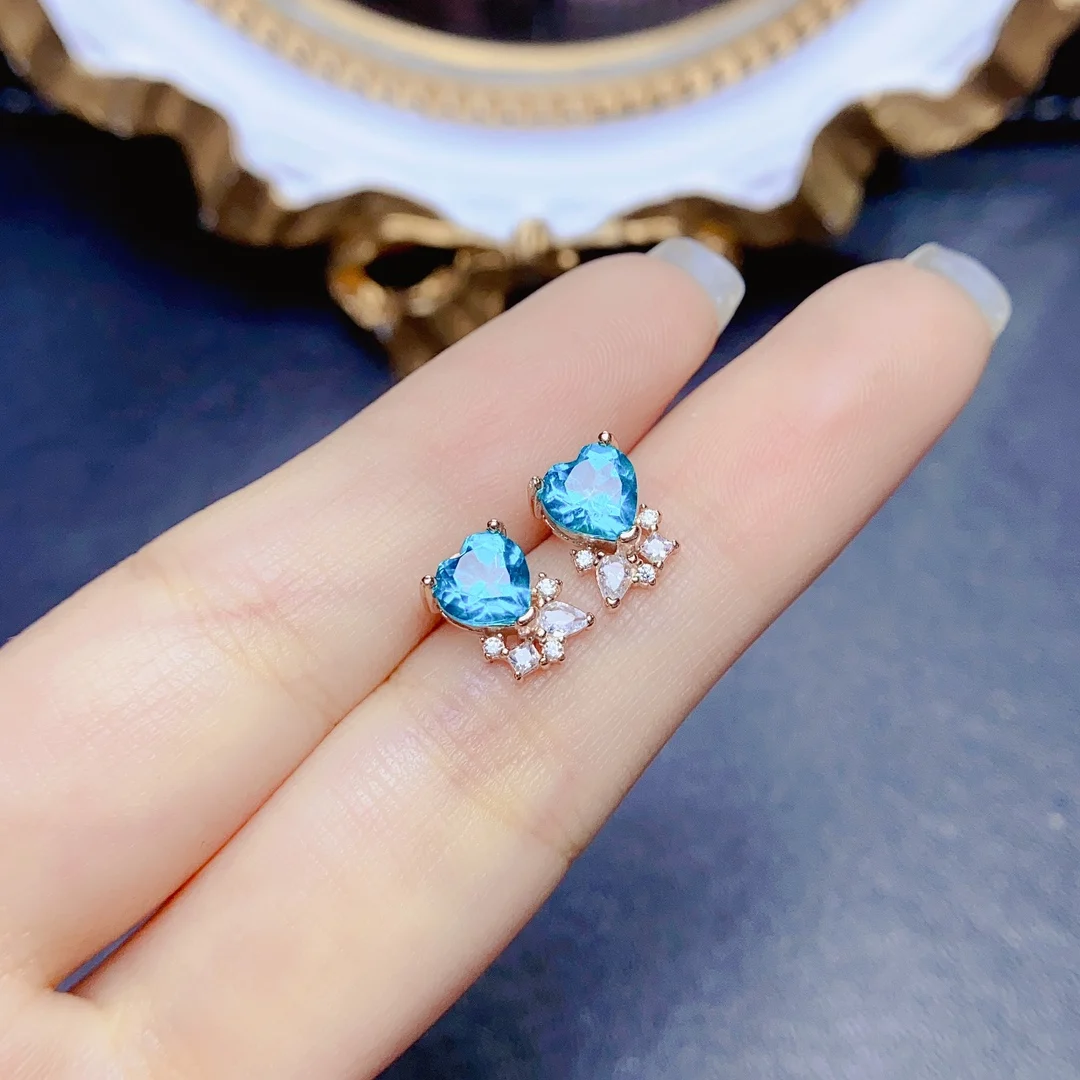 Голубые серьги-гвоздики Paraiba с топазом серебряные серьги в форме сердца из