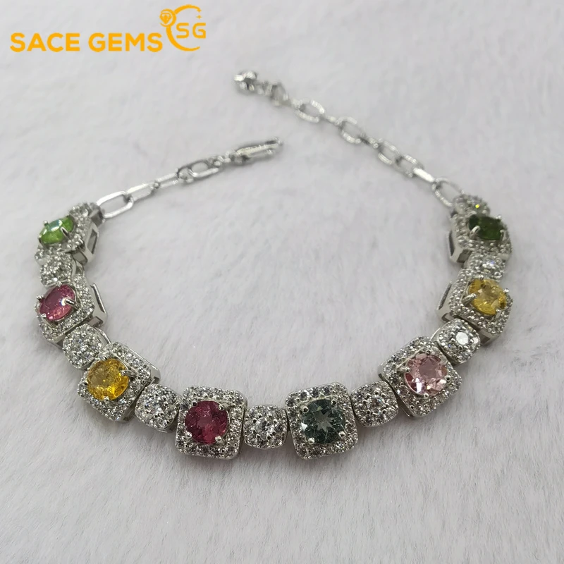 SACE GEMS Luxury Bracelet for Women 100% 925 Sterling Silver Color Tourmaline for Women Wedding Party Fine Jewelry Holiday Gift