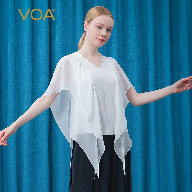 

VOA 30m/m White Pure Silk V-Neck Short Sleeve Tops Georgette Splicing Dovetail Elegant High Quality T-shirt Women Clothes BE612