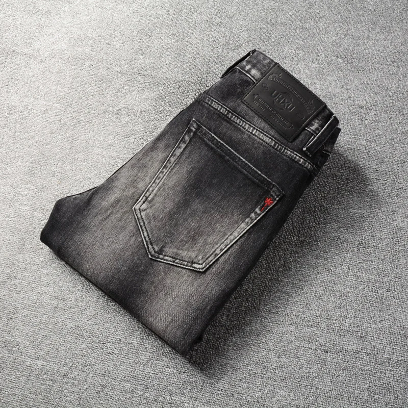 Fashion Designer Men Jeans Retro Black Gray High Quality Elastic Slim Fit Ripped Jeans Men Trousers Vintage Denim Pants Hombre
