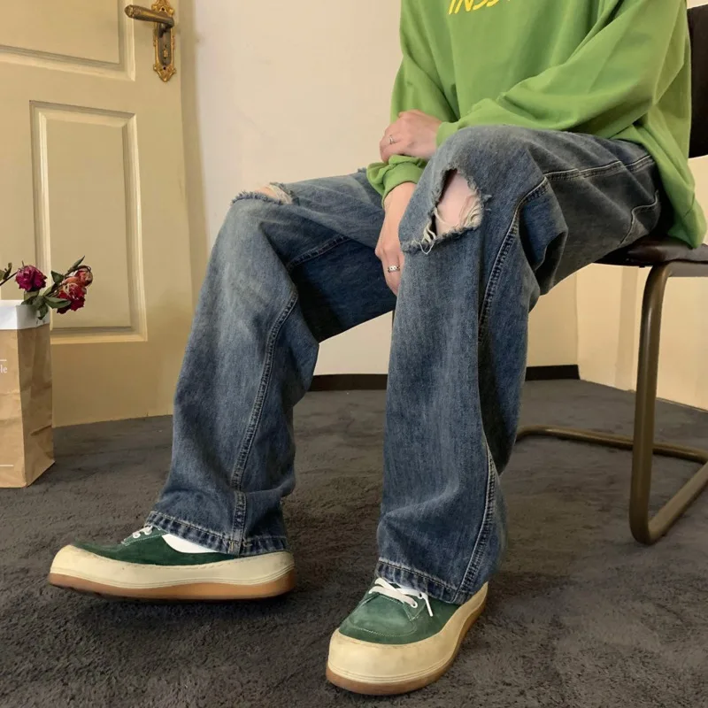 Summer Blue Ripped Jeans Men Fashion Casual Baggy Straight Jeans Men Streetwear Hip Hop Loose Hole Denim Pants Mens Trousers