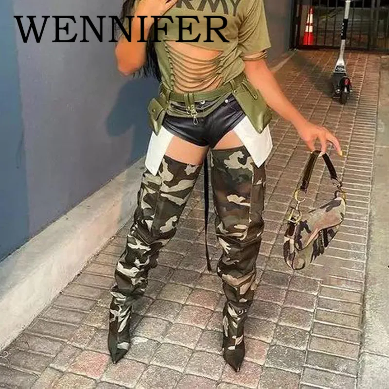 

Winter Green Canvas Camo Long Boots Pointed Toe Carpo Wader Thigh-High Boot Women Army Combat Hight Stletto Heels Botas De Mujer