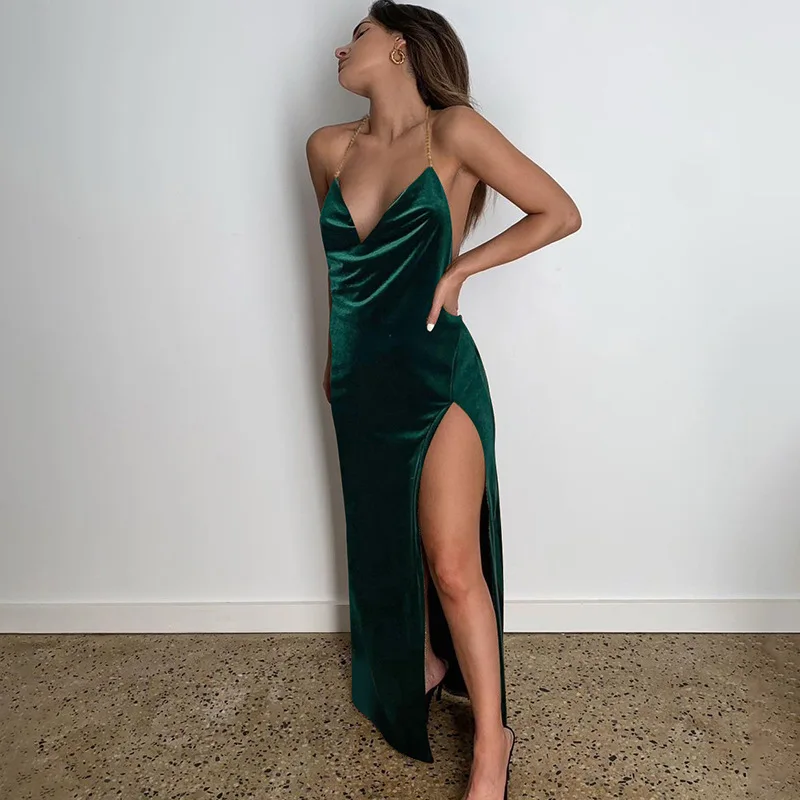 

European And American-Style Women's Clothing2022New Spring SexyVCollar Backless Lace-up Dress Slim Fit Slit Long Dress for Women