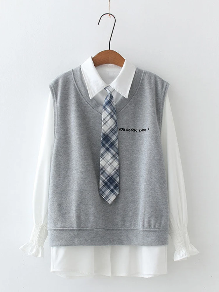 

Spring Autumn 2pcs Suit Female Student Korean Preppy Long Sleeve Shirt + Embroidery Knitted Vest Two-piece Sets Women JK Wear