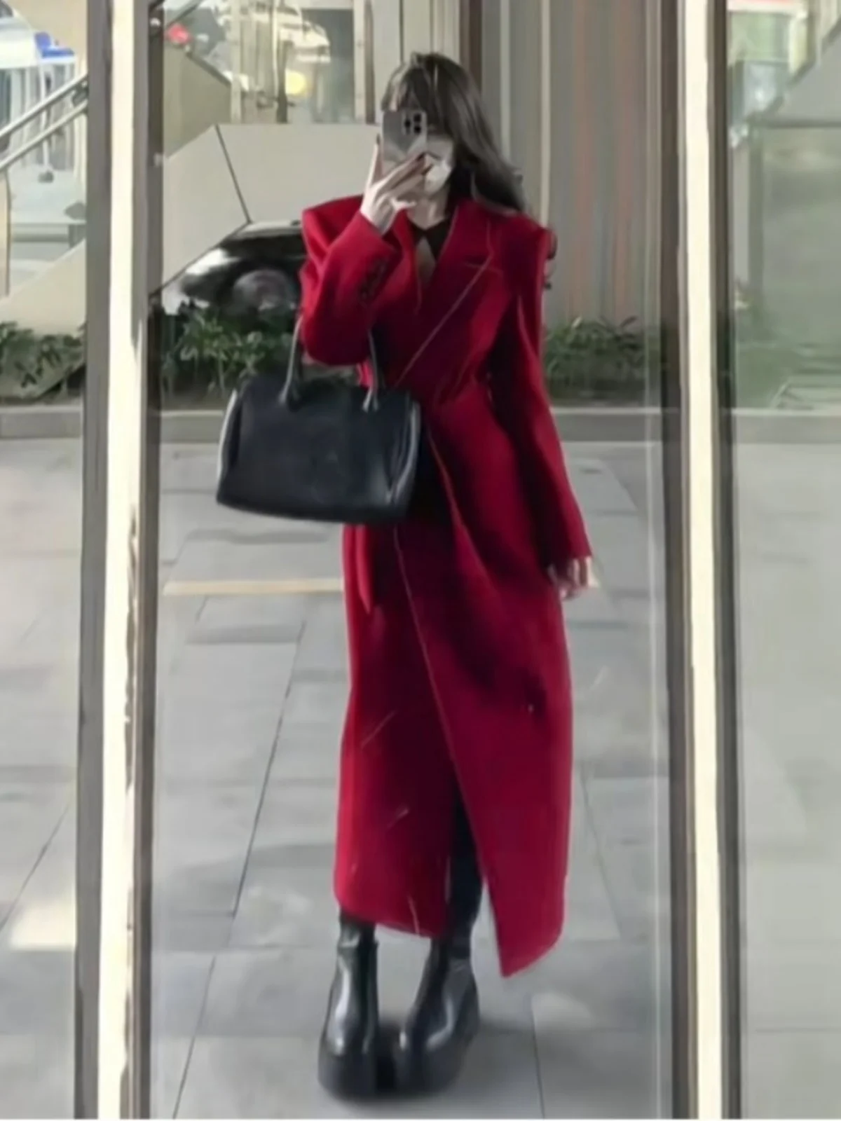 Korean Sle Fancy Super Nice Red Long Woolen Outwear Early Spring Wear New Clothes Tall Waist Tight Coat