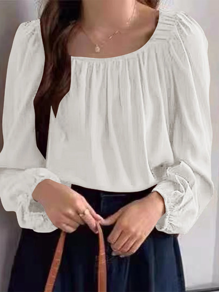 

2022 Spring Women Casual Long Sleeve Square Neck Blouse ZANZEA Elegant Solid Pleated Shirt Ruffle Office Chemise Work Tunic Tops