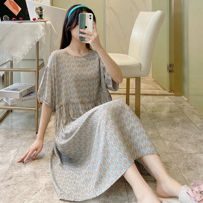 Large Size Nightdress Short Sleeved Cotton Silk Nightdress Retractable Belt Floral Over-the-knee Long Skirt Large Hemline