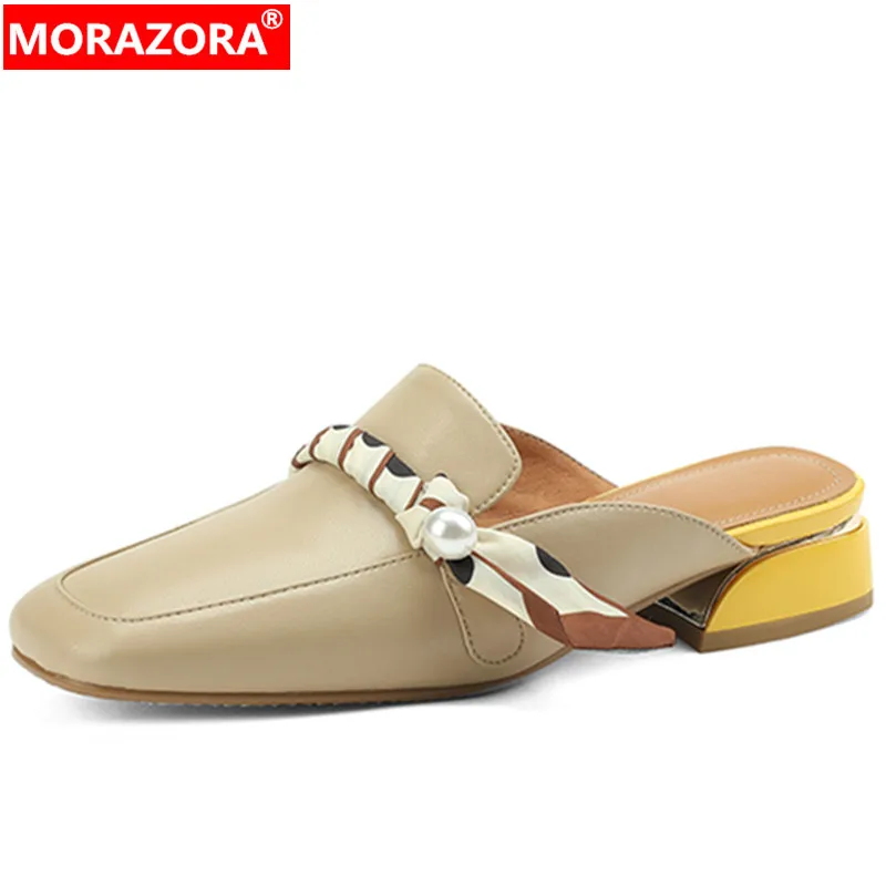 

Женские мюли из овечьей кожи MORAZORA, черные однотонные шлепанцы на среднем квадратном каблуке, Украшенные бусинами, лето 2022