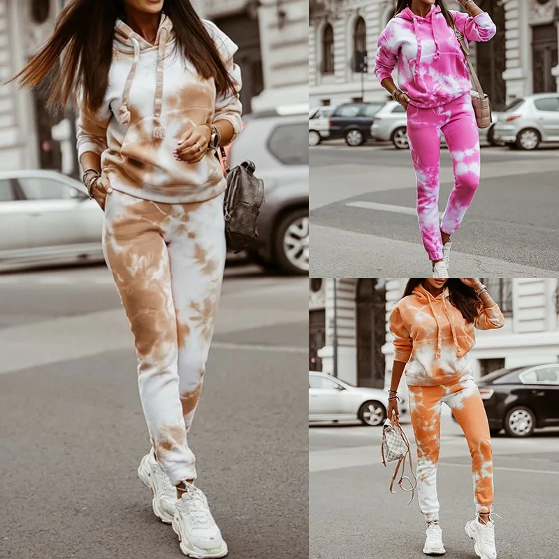

Уличная одежда Tie-Dye, комплект из двух предметов, женский спортивный костюм, женский оранжевый фиолетовый топ и брюки, женские комплекты, спо...
