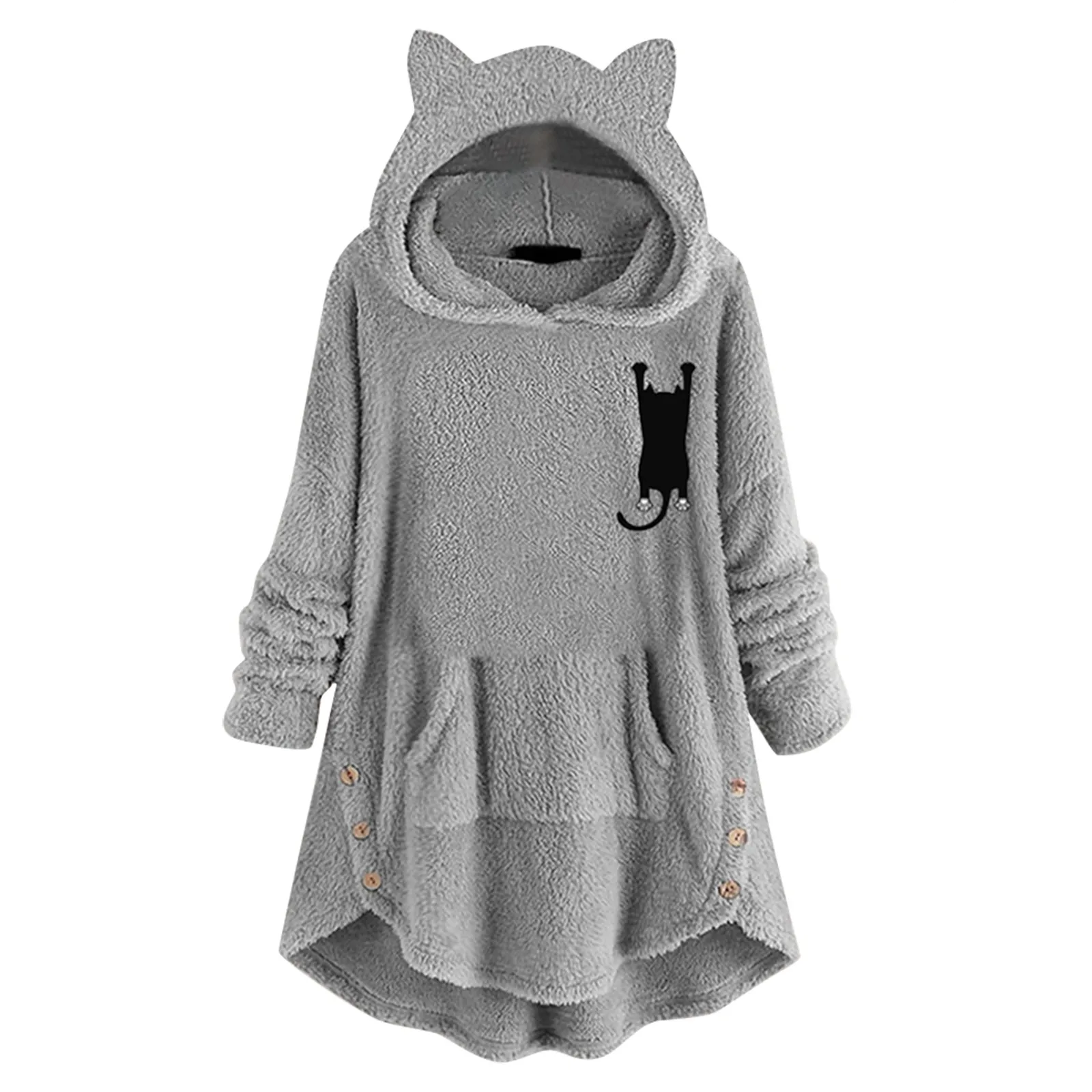 

Winter Sweatshirt Women Pocket Cat Ear Hoodie Fleece Sweatshirt Button Cute Printing Long Sleeves Classic Loose Tunic Long