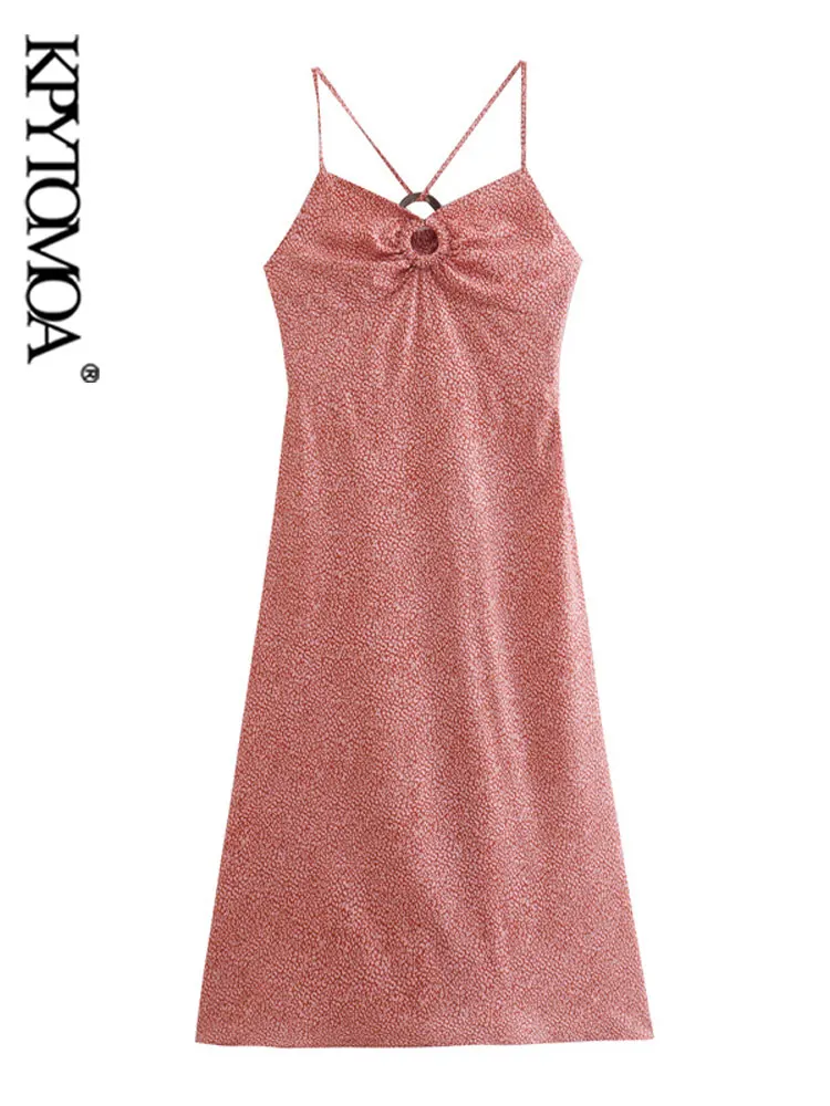 

KPYTOMOA Women Fashion With Ring Animal Print Midi Dress Vintage Backless Side Zipper Thin Straps Female Dresses Vestidos Mujer