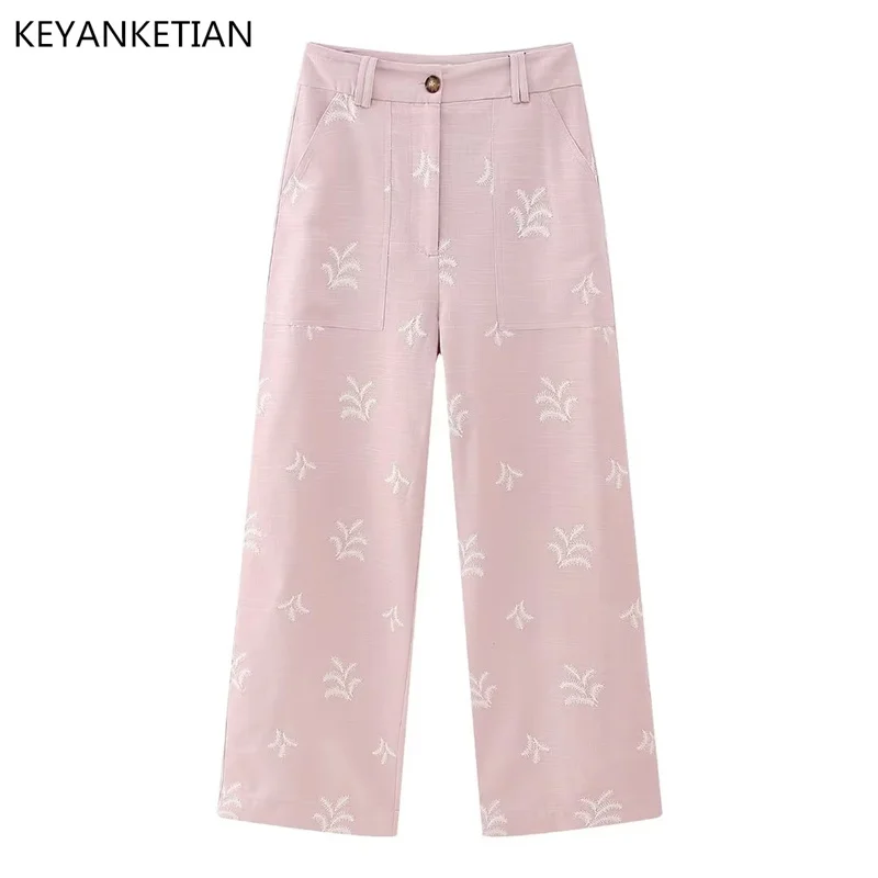 

Новинка, повседневные женские брюки KEYANKETIAN из смеси льна с цветочной вышивкой, на молнии, с завышенной талией, в стиле ретро, розовые брюки-трубы с широкими штанинами
