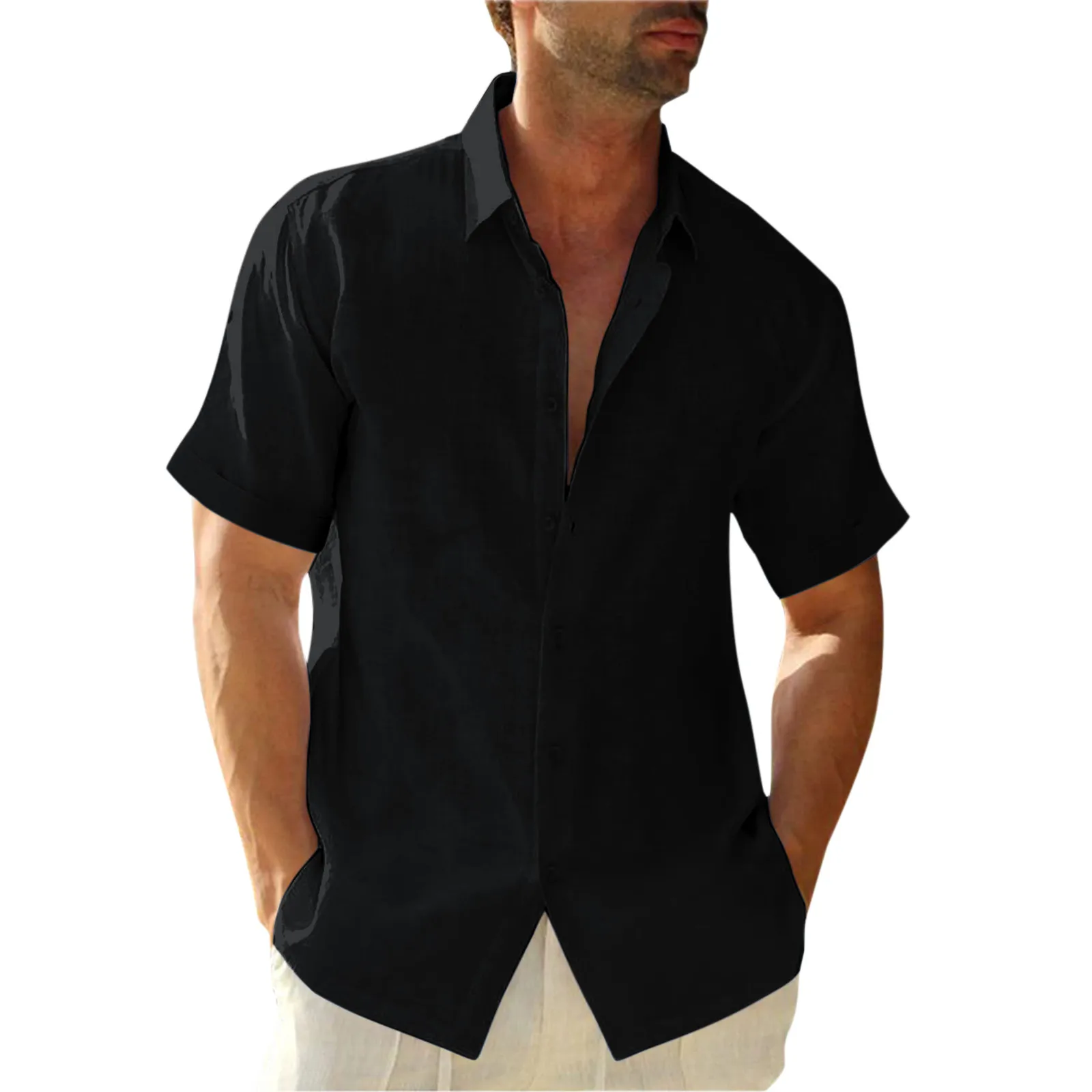 

Мужская Однотонная рубашка с коротким рукавом и отложным воротником