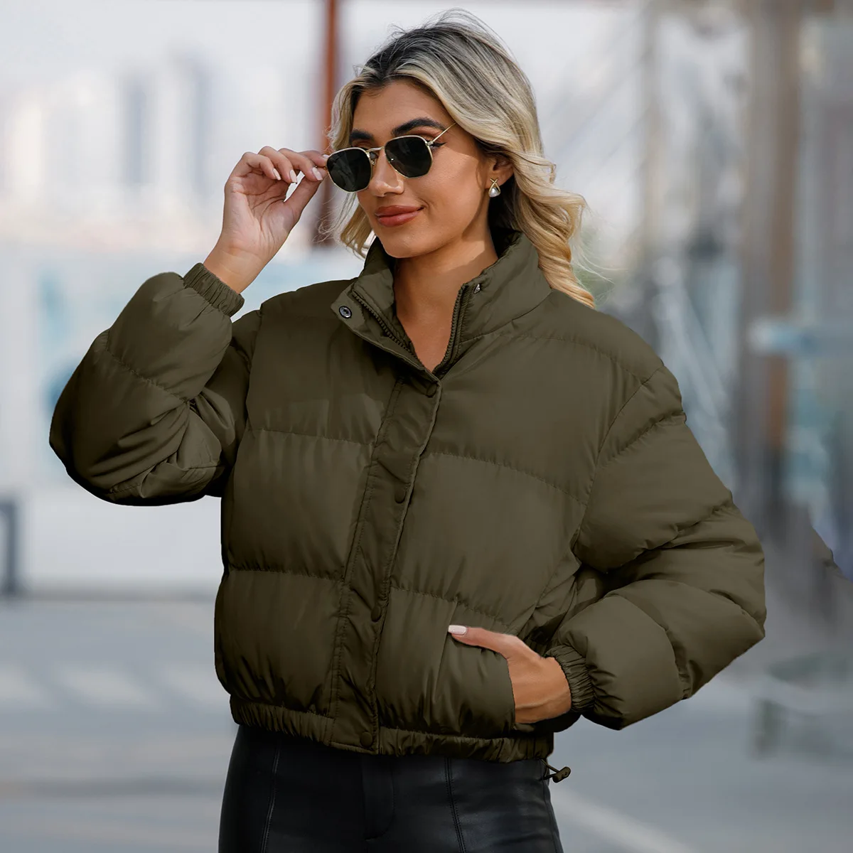 WeiYao Spring Winter Clothes Women Short Winter Jacket Women Long Sleeve High Collar Warm Coat Loose Casual Puffer Jacket Coat