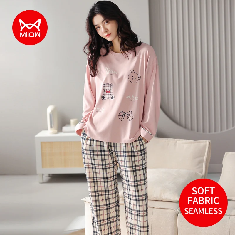 

MiiOW Pink Plaid Pajamas Set Cotton Long-sleeved Trousers Autumn And Winter Loungewear Pajamas Women's Homewear Suit
