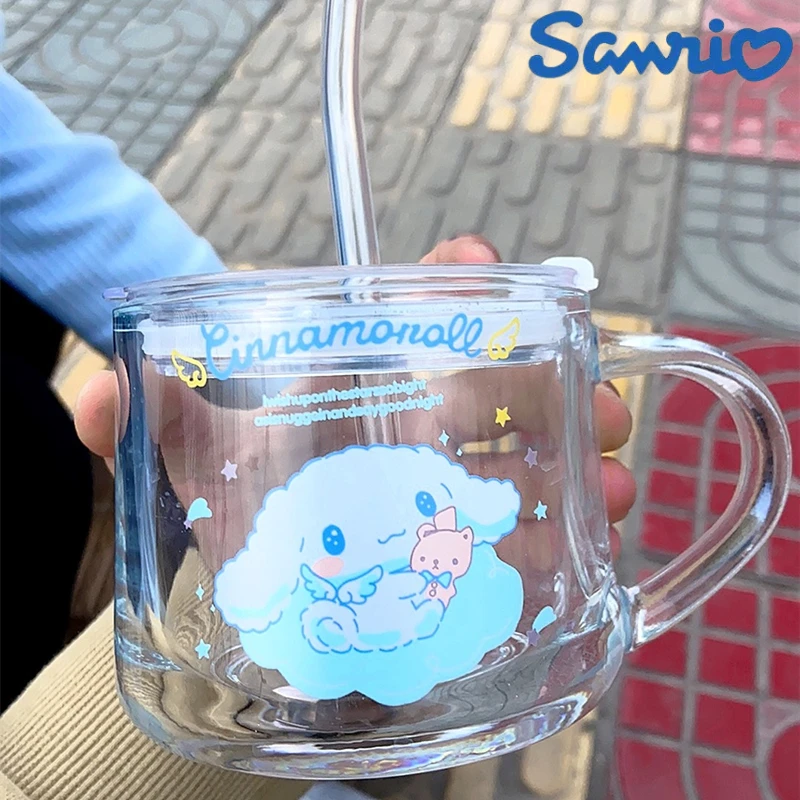 

380ml Sanrio Hello Kitty Kuromi My Melody Cinnamoroll Breakfast Cup With Lid Anime Kawaii Milk Juice Water Cup Glass Kid Gifts