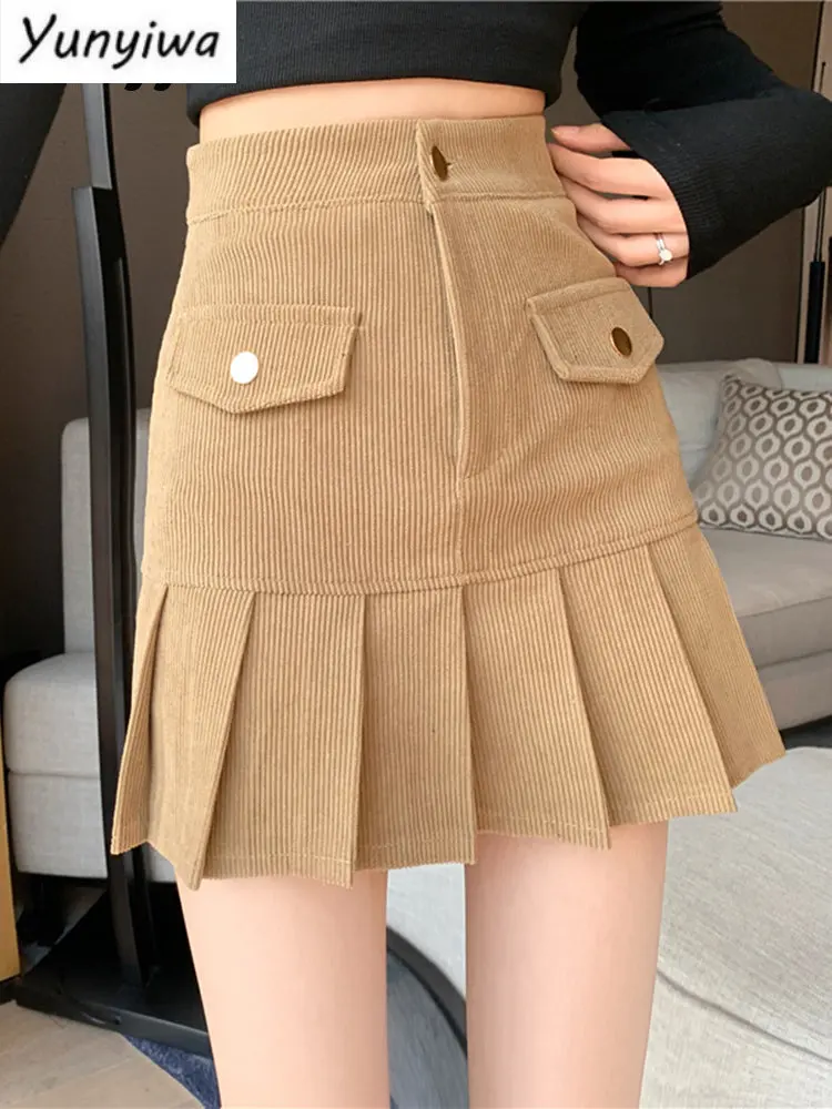 

Мини-юбка женская Вельветовая с высокой талией, повседневная дизайнерская трапециевидная юбка цвета хаки в Корейском стиле, модная облегаю...