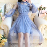 pastoral style lace dress spring and summer new womens korean version embroidered hollow three dimensional flower mesh dress