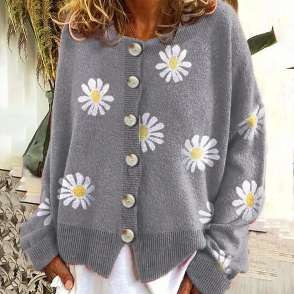 

Повседневный свитер, ребристые манжеты, свитер, пальто, пуговицы, цветочный принт, Женское пальто